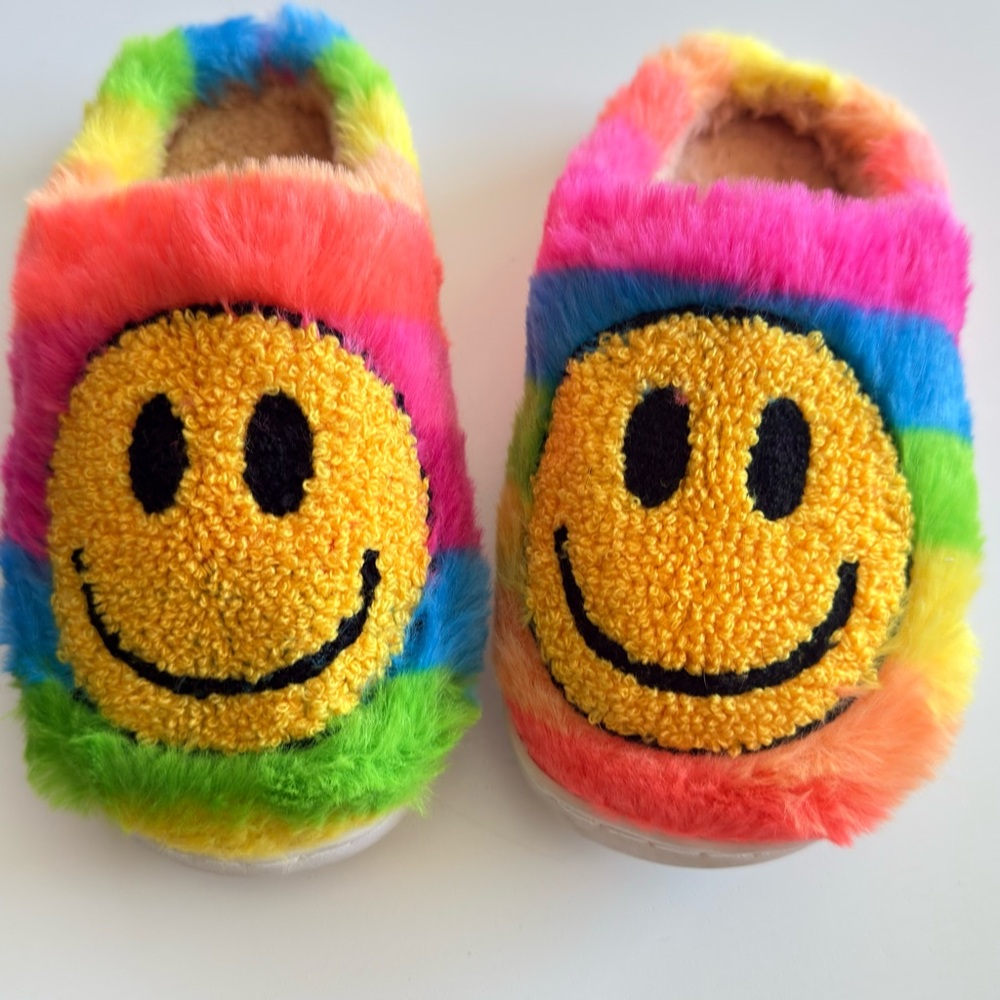 Rainbow Fuzzy Smiley Slippers - Bright Multi Toddler